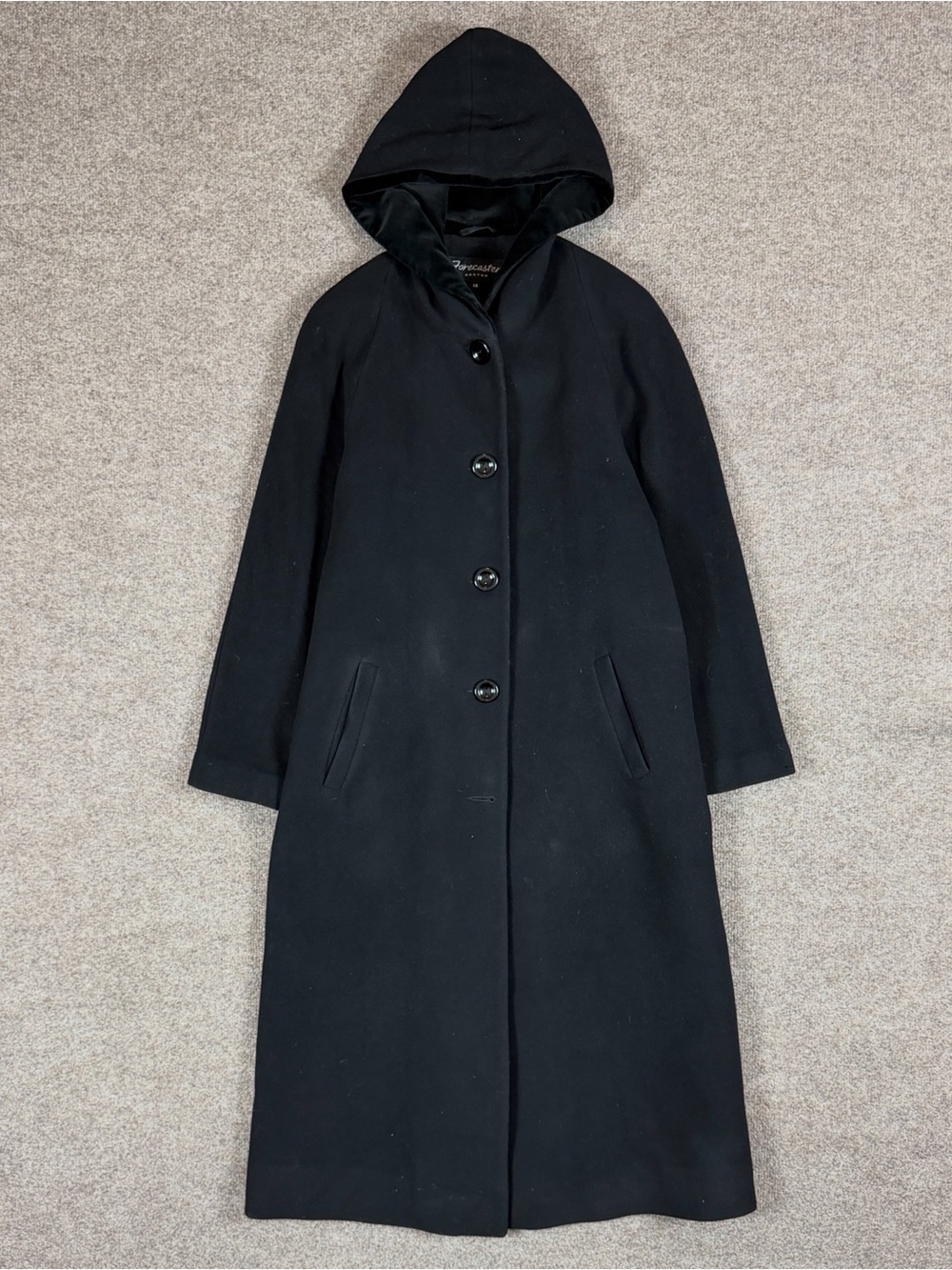Vintage Forecaster Black Long Wool Cashmere Coat Women’s 14 Hooded Overcoat Y2K
